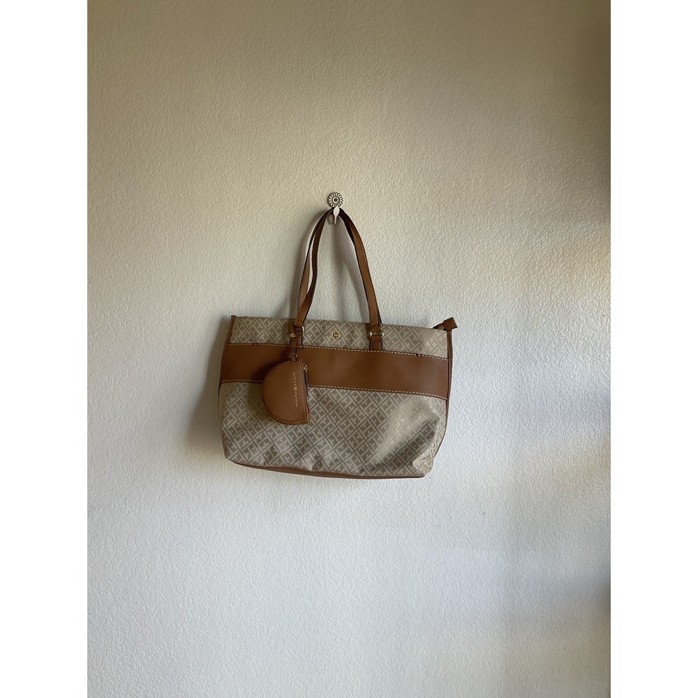 TOMMY‎ HILFIGER Logo Shopper Tote With Pouch Shoulder Handbag Women's Beige NEW